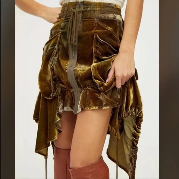 Free People Dresses & Skirts - Free People Paxton Parachute Velvet Utility Skirt Zip Drawstring Olive Green